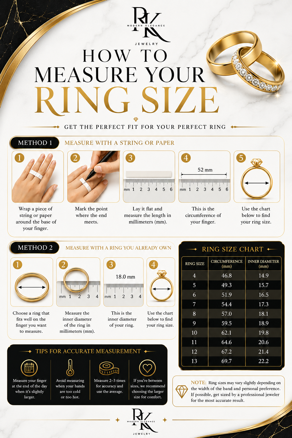 Infographic on how to measure ring size with R&K Jewels branding